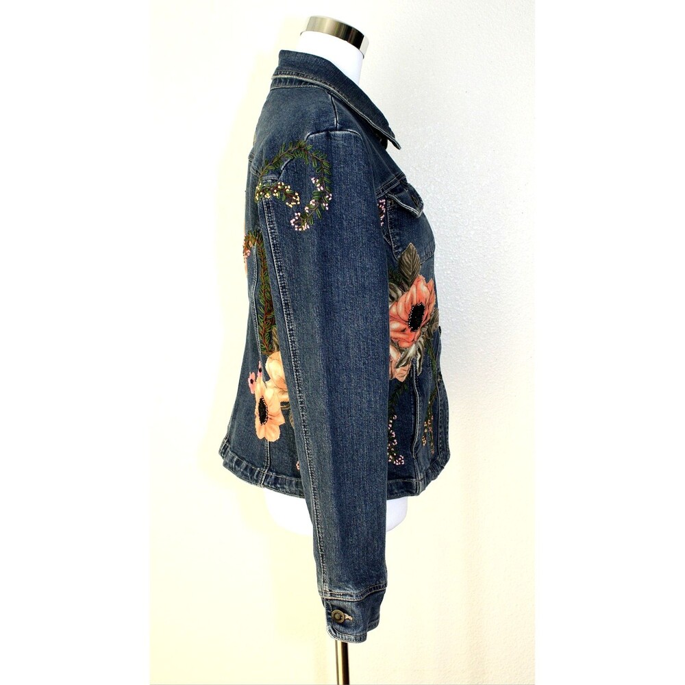 Upcycled OOAK LIVE A LITTLE Denim Jacket Embroidered Beaded Floral Applique XL * - Picture 7 of 13